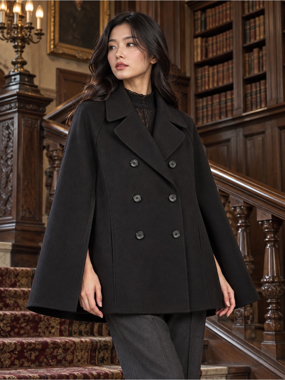 Calvin Klein Wool Blend Peacoat Cape Black Double Breasted Lined Swing M